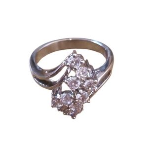 Silver Tone Ring with Clustered Crystal Accents, Size 8